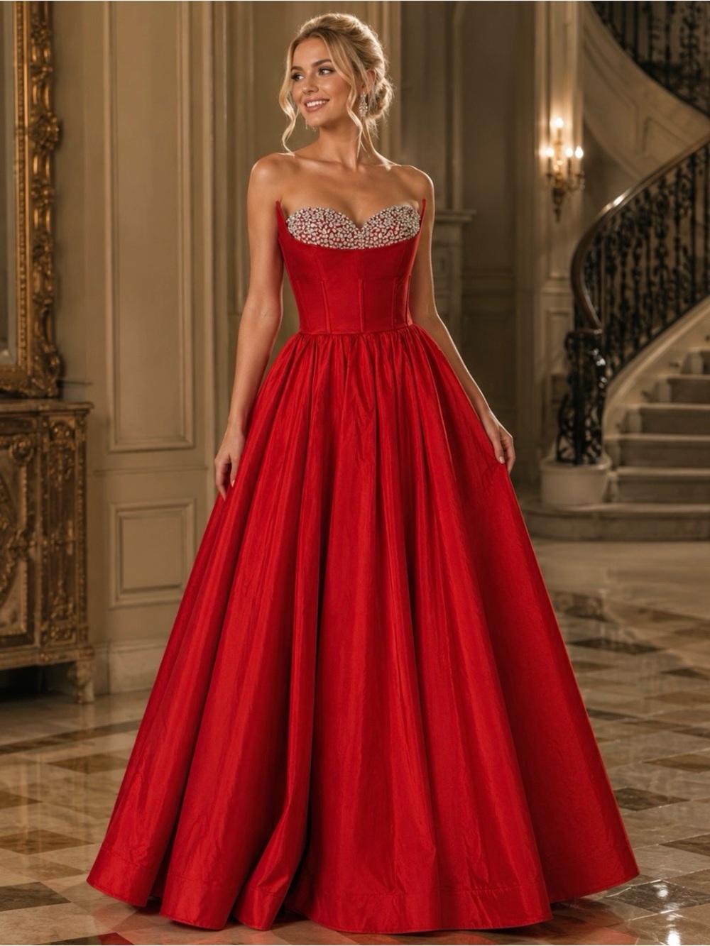 NWT Lucci Lu Red Strapless Ball Gown with a Crystal Bust